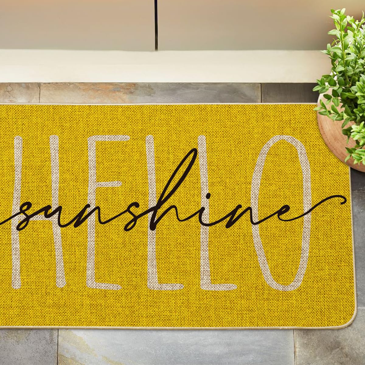 Artoid Mode Yellow Hello Sunshine Summer Decorative Doormat, Seasonal Spring Holiday Low-Profile Floor Mat Switch Mat for Indoor Outdoor 17 x 29 Inch