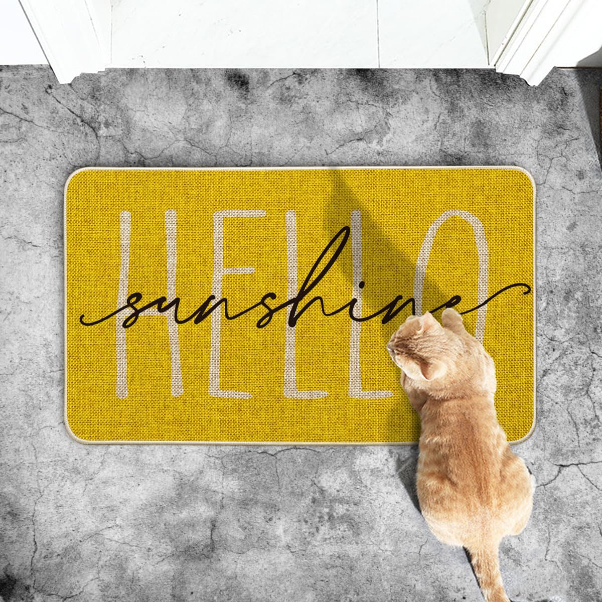 Artoid Mode Yellow Hello Sunshine Summer Decorative Doormat, Seasonal Spring Holiday Low-Profile Floor Mat Switch Mat for Indoor Outdoor 17 x 29 Inch