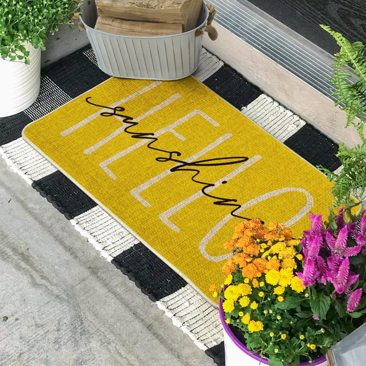 Artoid Mode Yellow Hello Sunshine Summer Decorative Doormat, Seasonal Spring Holiday Low-Profile Floor Mat Switch Mat for Indoor Outdoor 17 x 29 Inch