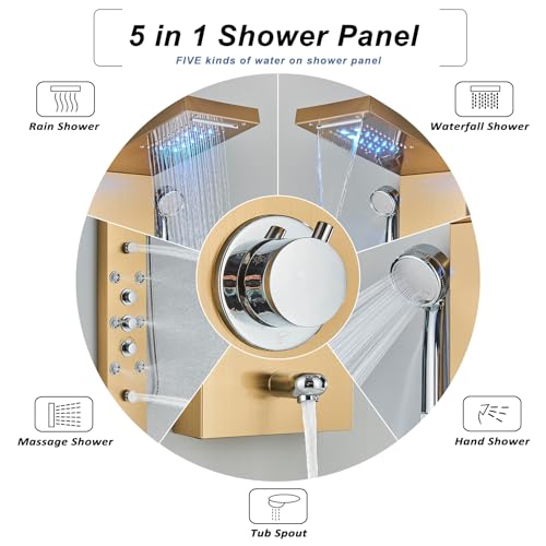 FCOTEEU Brushed Gold Shower Panel with Rainfall Waterfall Shower Head, 6 Adjustable Body Massage Jets Handheld Temperature Dispaly, Wall Mounted Stainless Steel Shower Column Tower