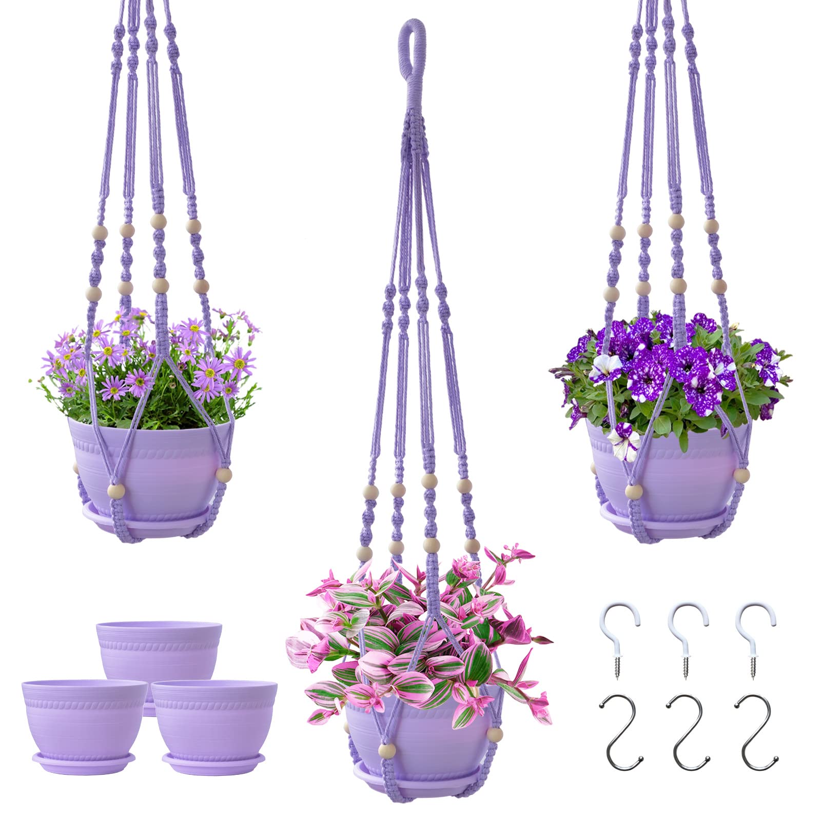 Checrxy Macrame Plant Hanger with Pot, 3 Set Hanging Planters for Indoor Plants, Handmade Cotton Rope Boho Home Decor, Idea Gift for Anyone, Includes Plant Holders, Pots, Plates and Hooks (Purple)