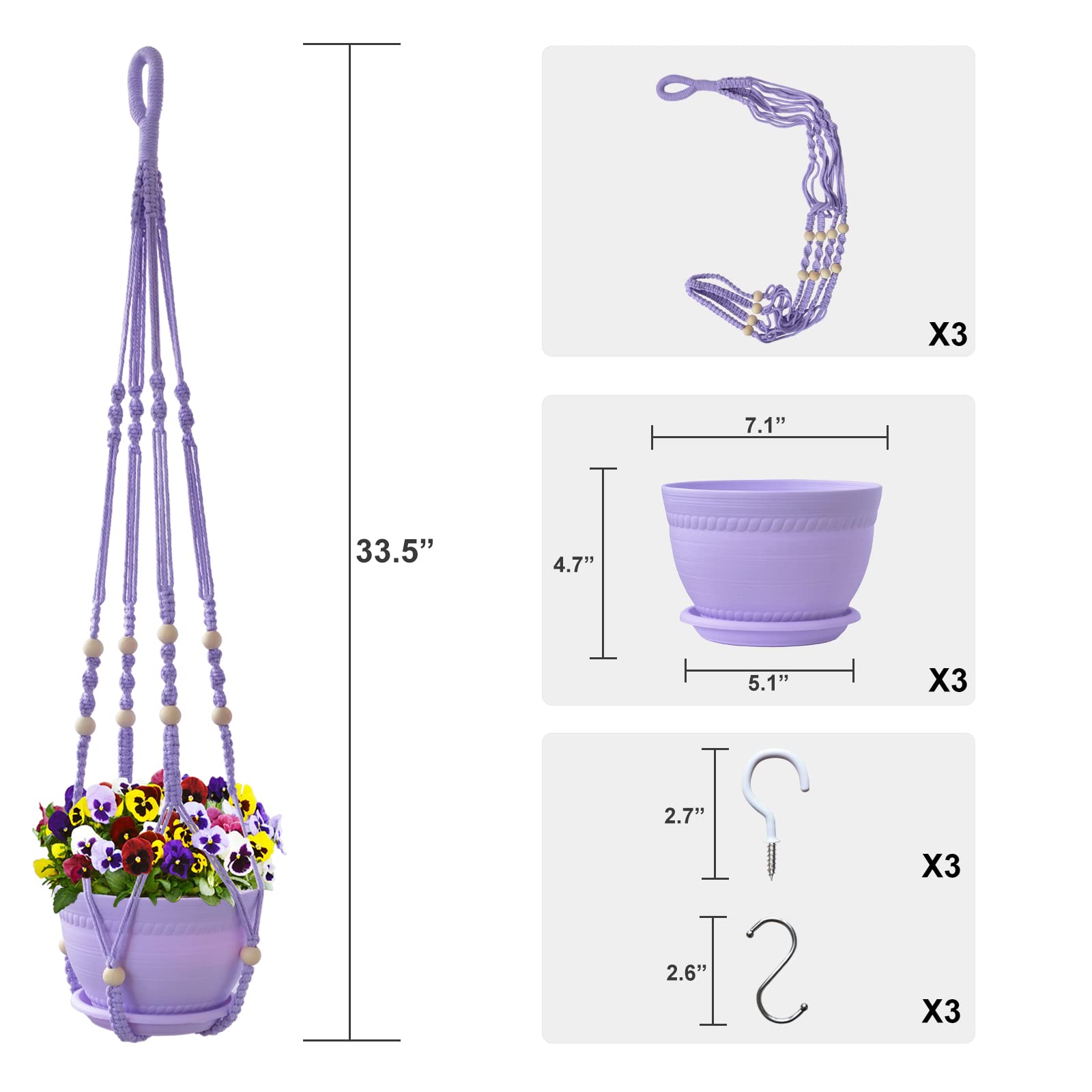 Checrxy Macrame Plant Hanger with Pot, 3 Set Hanging Planters for Indoor Plants, Handmade Cotton Rope Boho Home Decor, Idea Gift for Anyone, Includes Plant Holders, Pots, Plates and Hooks (Purple)