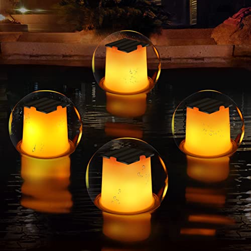 Floating Solar Pool Lights, LED Glow Pool Ball Lights IP68 Waterproof Bathtub Night Lights, 3 Modes Light up Pool Balls Lights with Flickering Flame, Flameless Tea Lights for Spa,Bath,Lawn,Party-4pcs