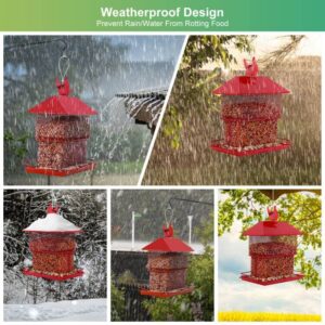 Bird Feeder for Outside Hanging Squirrel Proof Bird Feeders Metal Wild Bird Feeder Retractable Outdoor Feeder with 6 Perches for Cardinal, Finch, Chickadee, Bluebirds etc(Red)