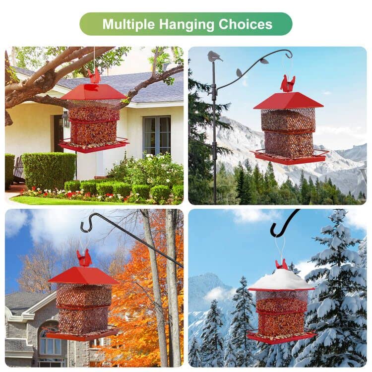 Bird Feeder for Outside Hanging Squirrel Proof Bird Feeders Metal Wild Bird Feeder Retractable Outdoor Feeder with 6 Perches for Cardinal, Finch, Chickadee, Bluebirds etc(Red)