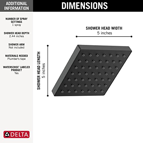 Delta Faucet Modern 5-inch Single-Spray Shower Head, Black Square Shower Head, High Pressure Shower Head, 1.75 GPM Flow Rate, Matte Black RP101846BL