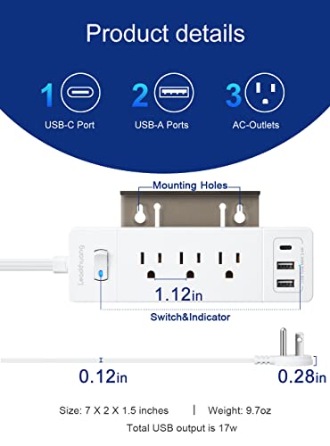 Leadchuang 1875W Power Strip Ultra-Flat Plug Extension Cord with USB C Ports, Surge Protector with 3 USB 3 AC Outlet, Mountable Flat 5 ft with Phone Stand for Kitchen, Home and Office