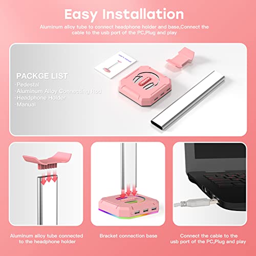 TuparGo Pink Headphone Stand RGB Lights Gaming Headset Holder with 3 USB Port for Charging or Connecting Headset Keyboard and Mouse,9 Modes Can be Toggles and Off,Aluminium Connecting Rod.