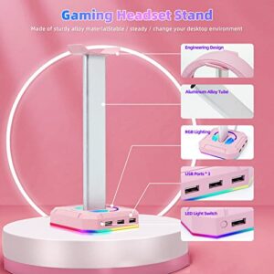 TuparGo Pink Headphone Stand RGB Lights Gaming Headset Holder with 3 USB Port for Charging or Connecting Headset Keyboard and Mouse,9 Modes Can be Toggles and Off,Aluminium Connecting Rod.