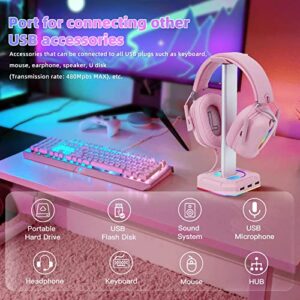 TuparGo Pink Headphone Stand RGB Lights Gaming Headset Holder with 3 USB Port for Charging or Connecting Headset Keyboard and Mouse,9 Modes Can be Toggles and Off,Aluminium Connecting Rod.