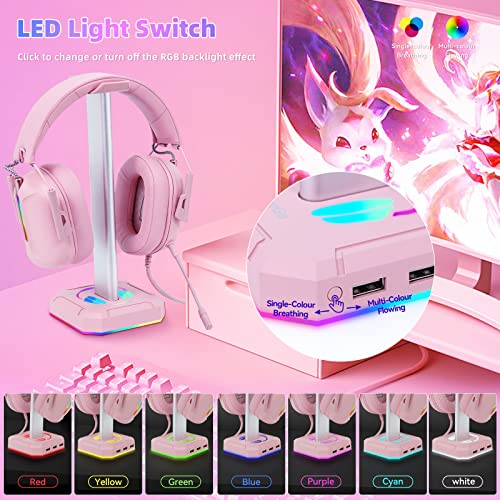 TuparGo Pink Headphone Stand RGB Lights Gaming Headset Holder with 3 USB Port for Charging or Connecting Headset Keyboard and Mouse,9 Modes Can be Toggles and Off,Aluminium Connecting Rod.