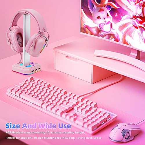 TuparGo Pink Headphone Stand RGB Lights Gaming Headset Holder with 3 USB Port for Charging or Connecting Headset Keyboard and Mouse,9 Modes Can be Toggles and Off,Aluminium Connecting Rod.