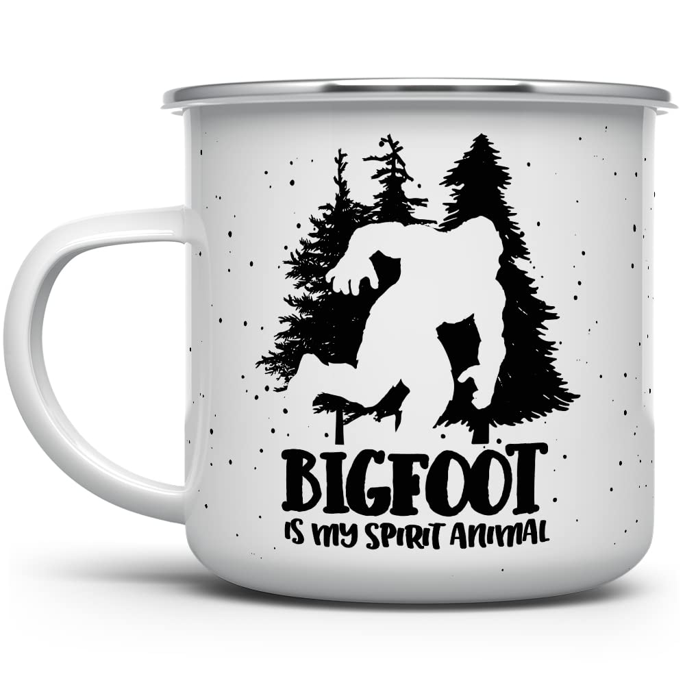 Sasquatch Lover Campfire Coffee Mug, Outdoor Camping Nature Gift, Bigfoot is My Spirit Animal Cup (12oz)