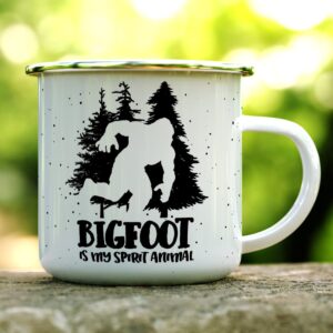 Sasquatch Lover Campfire Coffee Mug, Outdoor Camping Nature Gift, Bigfoot is My Spirit Animal Cup (12oz)