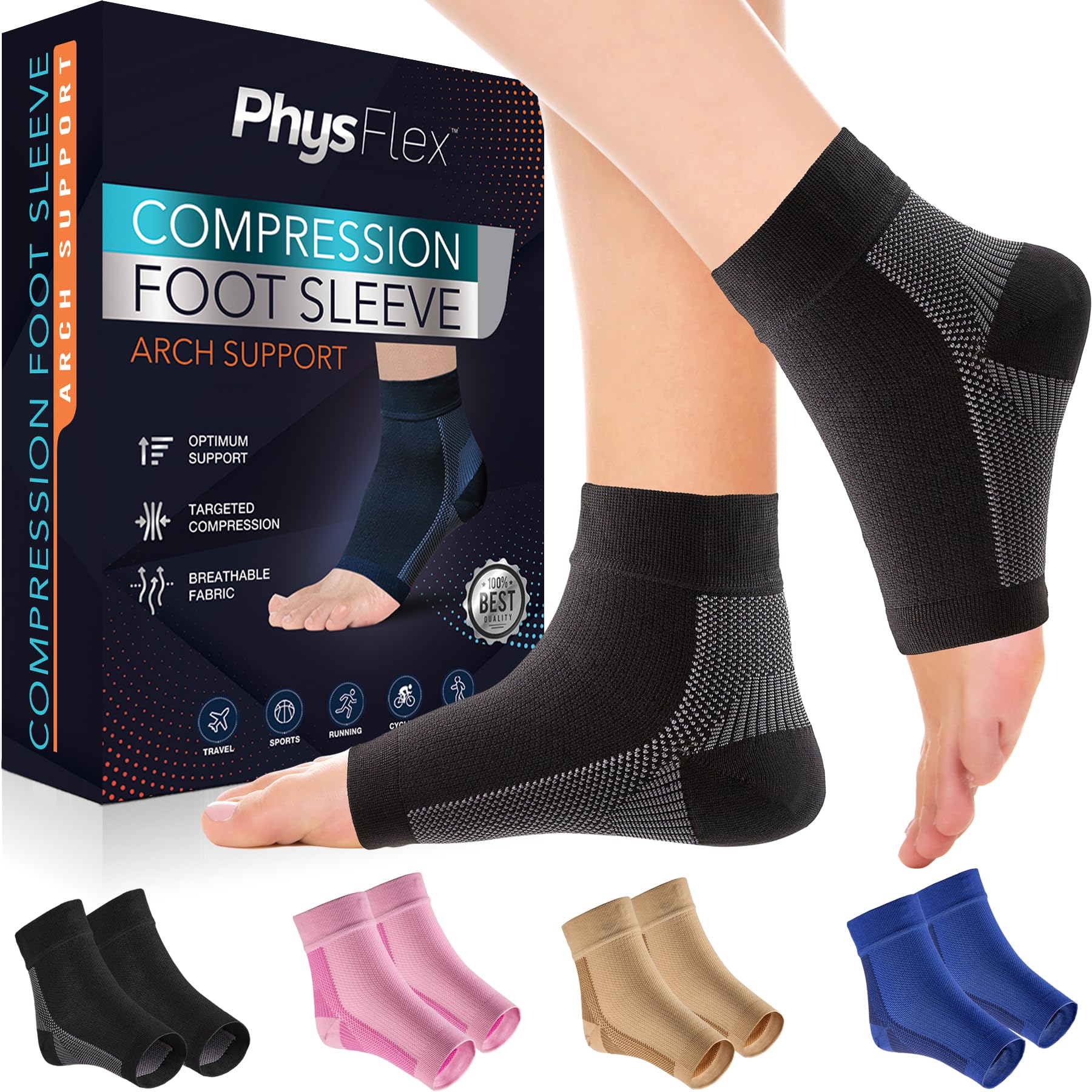 PhysFlex Compression Socks for Plantar Fasciitis, Achilles Tendonitis Relief - Ankle Compression Sleeve for Heel Spurs, Foot Swelling, Fatigue & Sprain - Arch Support Brace for Work, Gym, Sports