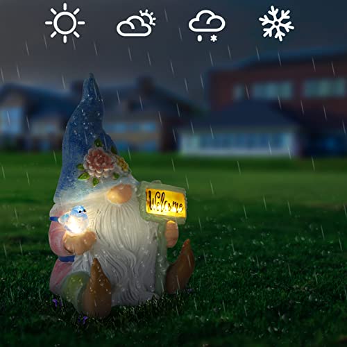 Sinhra Garden Gnome,Resin Gnome Figurine Holding Welcome Sign with Solar LED Lights, Outdoor Statues Garden Decor for Patio Yard Lawn Porch, Gardening Gifts