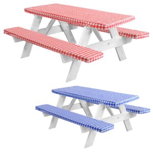 linpro 6ft and 8ft fitted picnic table cover and bench covers. these 2 most common sizes reusable outdoor picnic tablecloths with elastic will cover most camping picnic tables and folding tables.