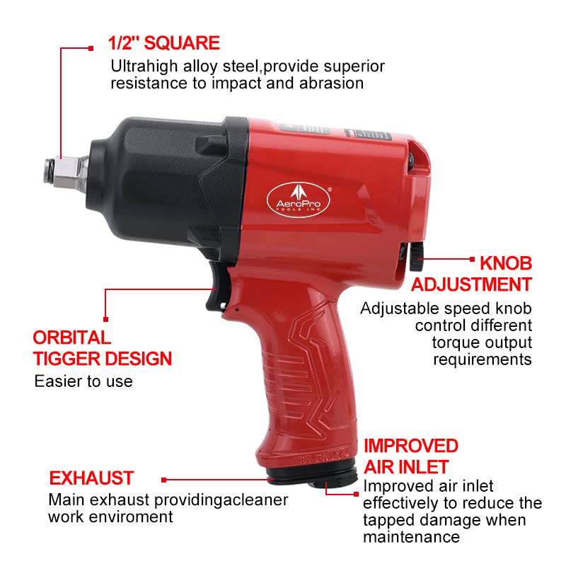 AEROPRO TOOLS 1/2-Inch Aluminum Air Impact Wrench(A398),Twin Hammer with 1000FT-LB Super Torque, Pneumatic Impact Gun, for Auto Repair, Tire Shop