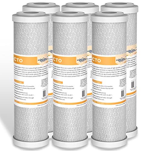 Membrane Solutions 5 Micron 2.5" x 10" CTO Carbon Block Water Filter Cartridge Replacement for Whole House Filtration Systems, Compatible with WFPFC8002, WFPFC9001, FXWTC, WHEF-WHWC, WHCF-WHWC, 6-Pack