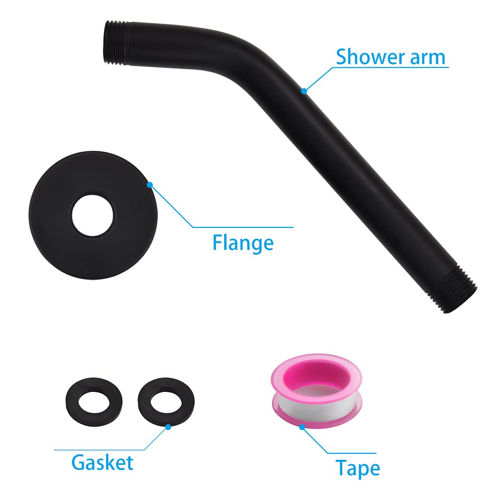 Shower Arm with Flange +Tape,Stainless Steel Shower Head Extension Arm,Wall-Mounted Shower Head Extender Arm for Fixed Shower Head,10 Inch Matte Black