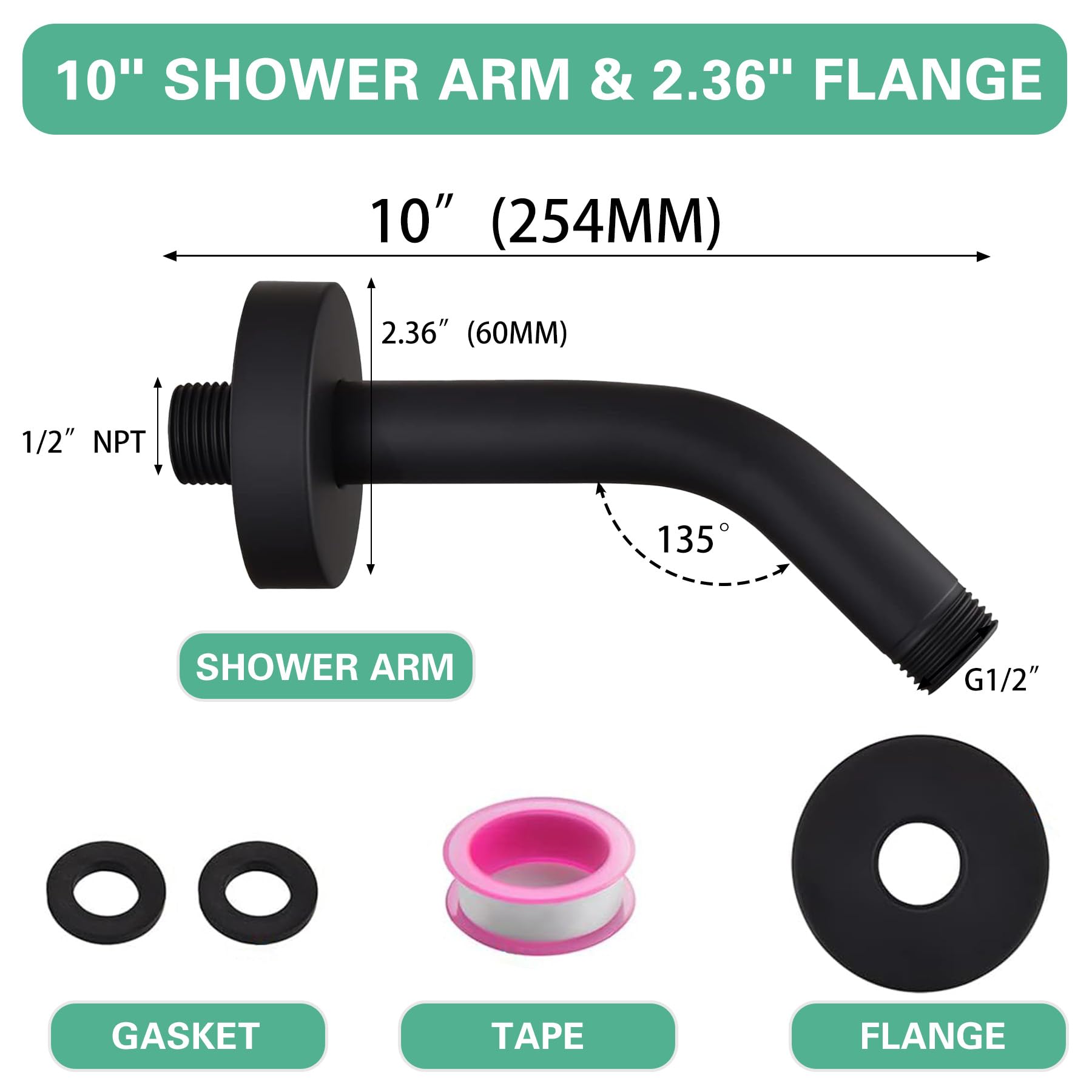 Shower Arm with Flange +Tape,Stainless Steel Shower Head Extension Arm,Wall-Mounted Shower Head Extender Arm for Fixed Shower Head,10 Inch Matte Black