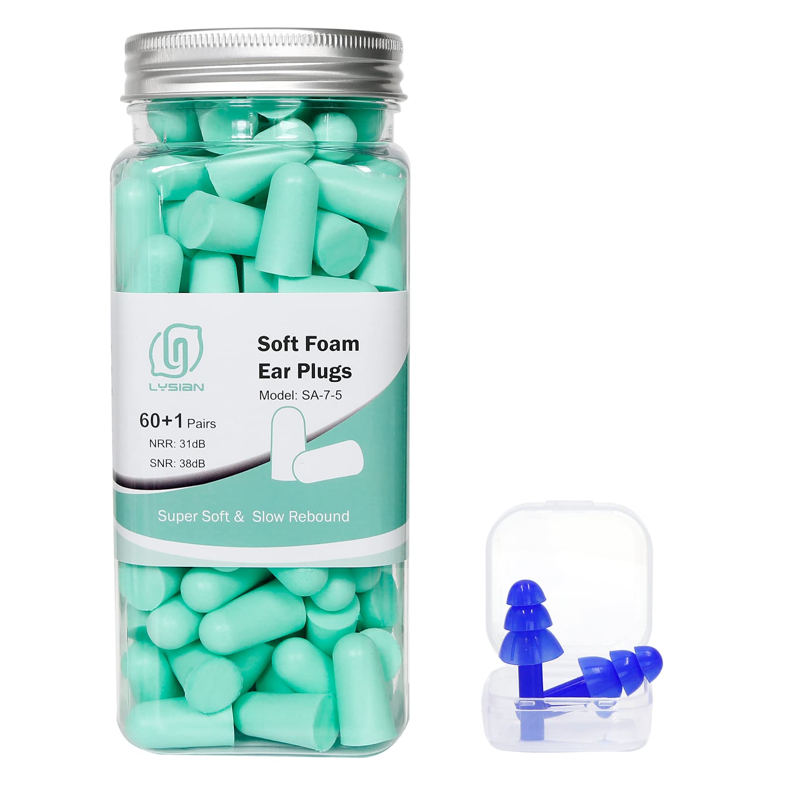 LYSIAN Ultra Soft Foam Earplugs for Sleep - 38dB Noise Reduction Ear Plugs for Sleeping Noise Cancelling, Work, Travel and Shooting Range -60 Pairs Value Pack(Water Blue)