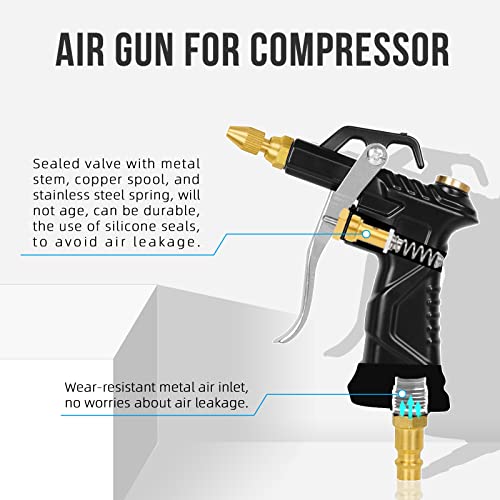 Industrial Air Blow Gun, with Brass Adjustable Air Nozzle and 3 Air Flow Extension, and 6 Sealing Rings, Pneumatic Tools Air Compressor Accessories Dust Clean Tool Air Blower Gun Air Nozzle Blow Gun