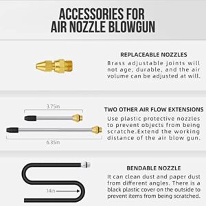 Industrial Air Blow Gun, with Brass Adjustable Air Nozzle and 3 Air Flow Extension, and 6 Sealing Rings, Pneumatic Tools Air Compressor Accessories Dust Clean Tool Air Blower Gun Air Nozzle Blow Gun