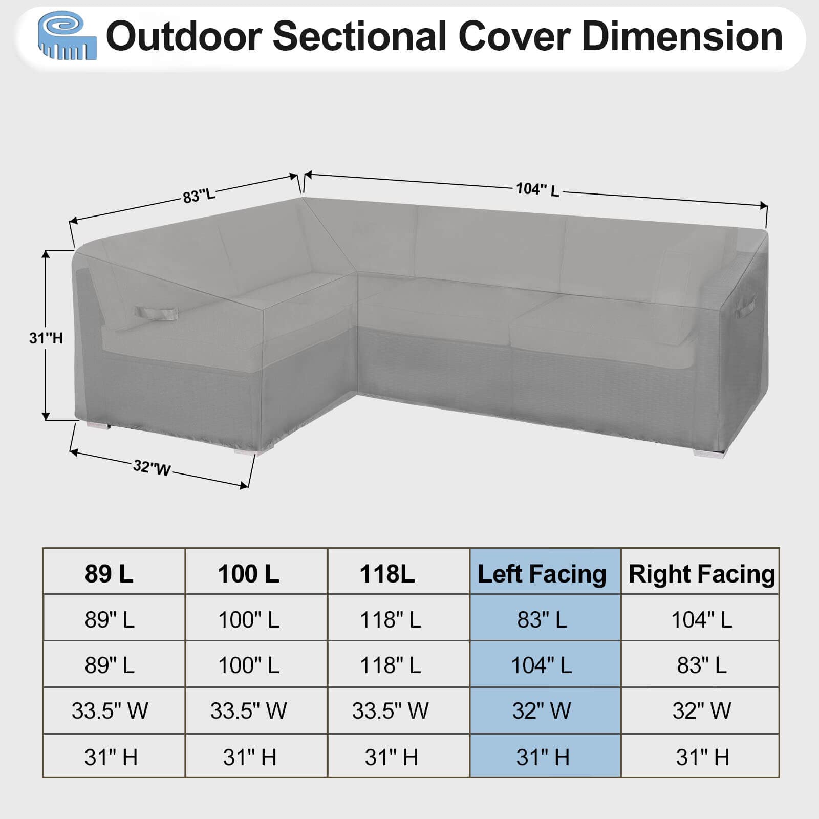 OutdoorLines Waterproof Outdoor Patio Sectional Cover - UV Resistant & Windproof L-Shaped Patio Furniture Covers for Deck, Lawn and Backyard, 420D Heavy Duty Couch Cover, Left Facing, 83"x104", Gray