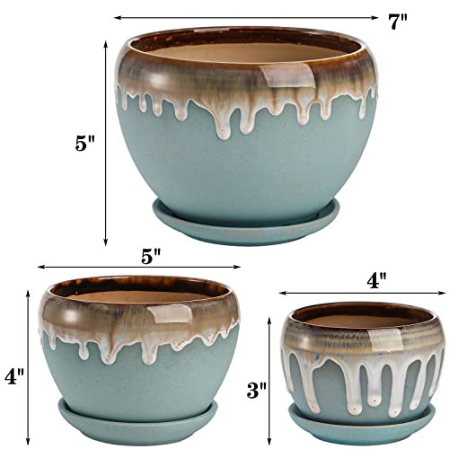 Lyellfe Set of 3 Ceramic Plant Pot, Planter Pots with Drain Hole and Connected Saucer, 7/5 / 4 Inch Decorative Flower Pots for Indoor Outdoor, Balcony, Office, Apple Shape