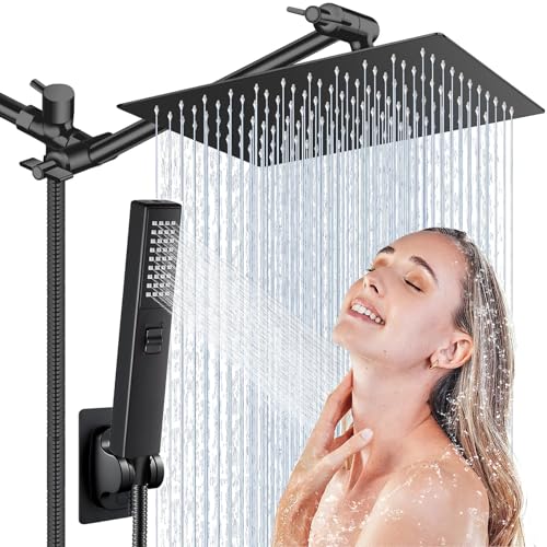 Shower Head Combo,12 Inch High Pressure Rain Shower Head with 13 Inch Adjustable Extension Arm and 2 in1 Settings Handheld,Powerful Shower Spray Against Low Pressure Water with Long Hose(Black)