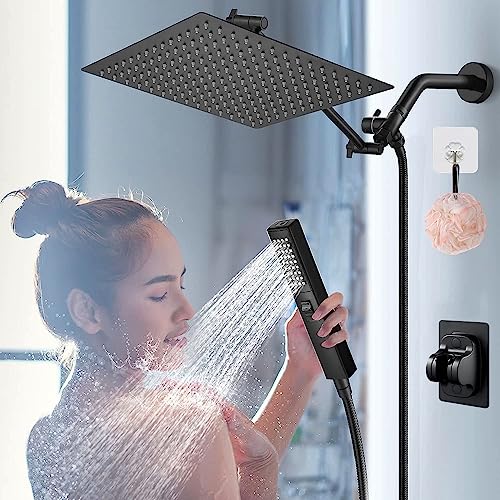 Shower Head Combo,12 Inch High Pressure Rain Shower Head with 13 Inch Adjustable Extension Arm and 2 in1 Settings Handheld,Powerful Shower Spray Against Low Pressure Water with Long Hose(Black)