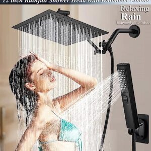 Shower Head Combo,12 Inch High Pressure Rain Shower Head with 13 Inch Adjustable Extension Arm and 2 in1 Settings Handheld,Powerful Shower Spray Against Low Pressure Water with Long Hose(Black)