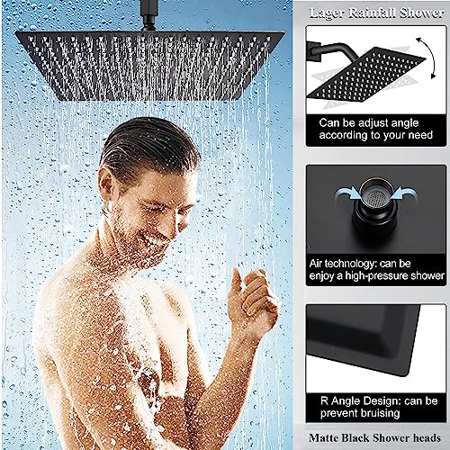 Shower Head Combo,12 Inch High Pressure Rain Shower Head with 13 Inch Adjustable Extension Arm and 2 in1 Settings Handheld,Powerful Shower Spray Against Low Pressure Water with Long Hose(Black)