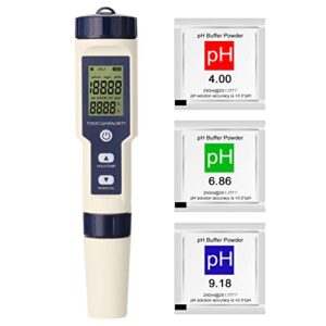 Water Quality Tester, Geevorks 5 in 1 PH/EC/TDS/Salinity/Thermometer Digital Multi-Function Tester with 3 PH Buffer Powders