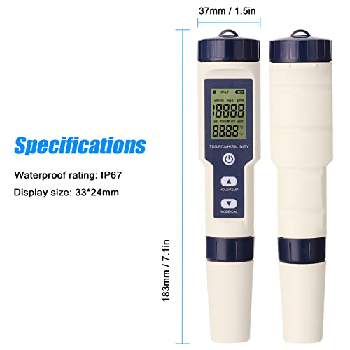 Water Quality Tester, Geevorks 5 in 1 PH/EC/TDS/Salinity/Thermometer Digital Multi-Function Tester with 3 PH Buffer Powders