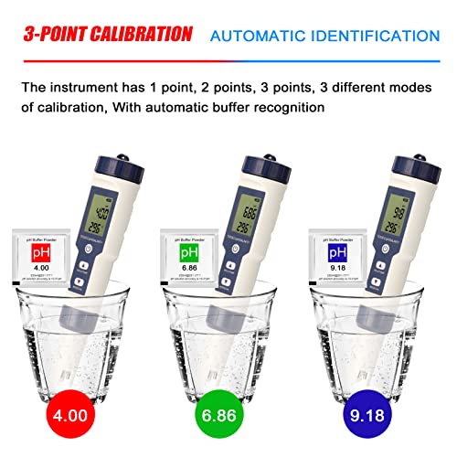 Water Quality Tester, Geevorks 5 in 1 PH/EC/TDS/Salinity/Thermometer Digital Multi-Function Tester with 3 PH Buffer Powders