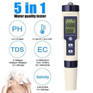 Water Quality Tester, Geevorks 5 in 1 PH/EC/TDS/Salinity/Thermometer Digital Multi-Function Tester with 3 PH Buffer Powders