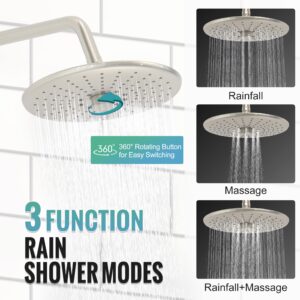 SR SUN RISE Shower Faucet - 3 Function High Pressure 10 Inch Shower Head System- 6 Setting Handheld Shower Head Fixtures- Valve Included - Brushed Nickel