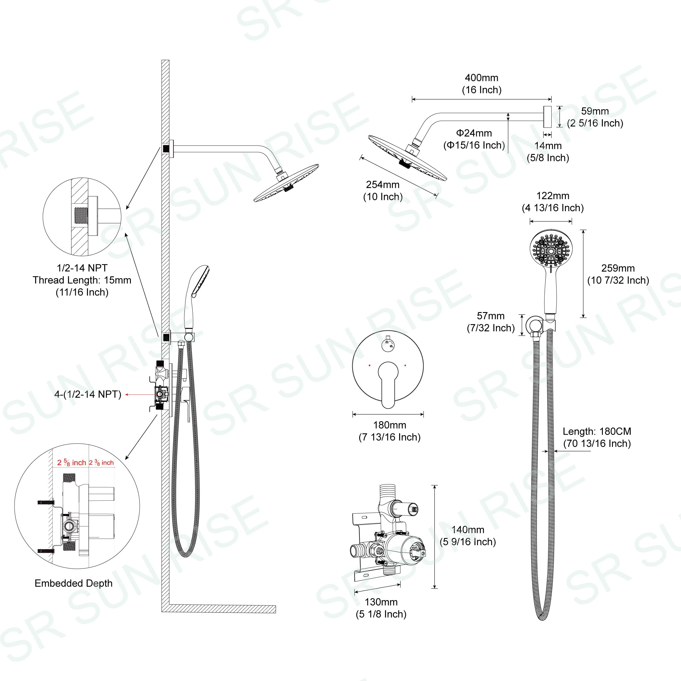 SR SUN RISE Shower Faucet - 3 Function High Pressure 10 Inch Shower Head System- 6 Setting Handheld Shower Head Fixtures- Valve Included - Brushed Nickel
