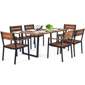 tangkula 7 pieces patented wood patio dining set with umbrella hole, 6 heavy duty acacia armrest chairs and rectangle table set, suitable for deck lawn garden poolside and backyard