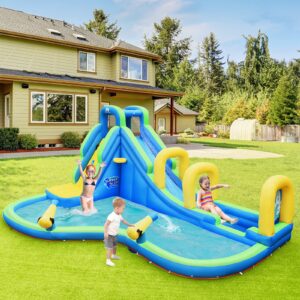 HONEY JOY Inflatable Water Slide, 5 in 1 Water Park Castle Bouncy House w/Water Cannons, Long Slide w/Arch, Indoor Outdoor Blow Up Waterslide Inflatables for Kids and Adults Backyard(Without Blower)