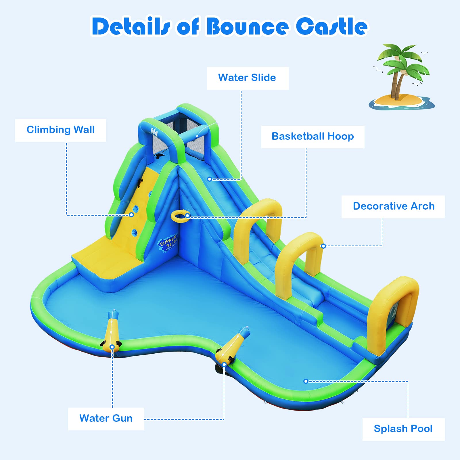 HONEY JOY Inflatable Water Slide, 5 in 1 Water Park Castle Bouncy House w/Water Cannons, Long Slide w/Arch, Indoor Outdoor Blow Up Waterslide Inflatables for Kids and Adults Backyard(Without Blower)