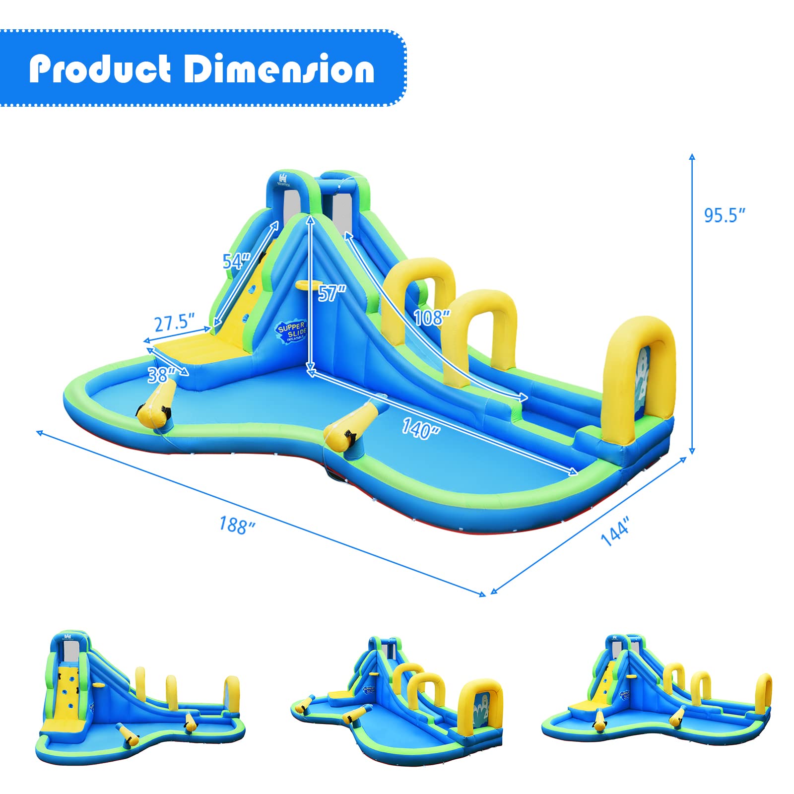 HONEY JOY Inflatable Water Slide, 5 in 1 Water Park Castle Bouncy House w/Water Cannons, Long Slide w/Arch, Indoor Outdoor Blow Up Waterslide Inflatables for Kids and Adults Backyard(Without Blower)