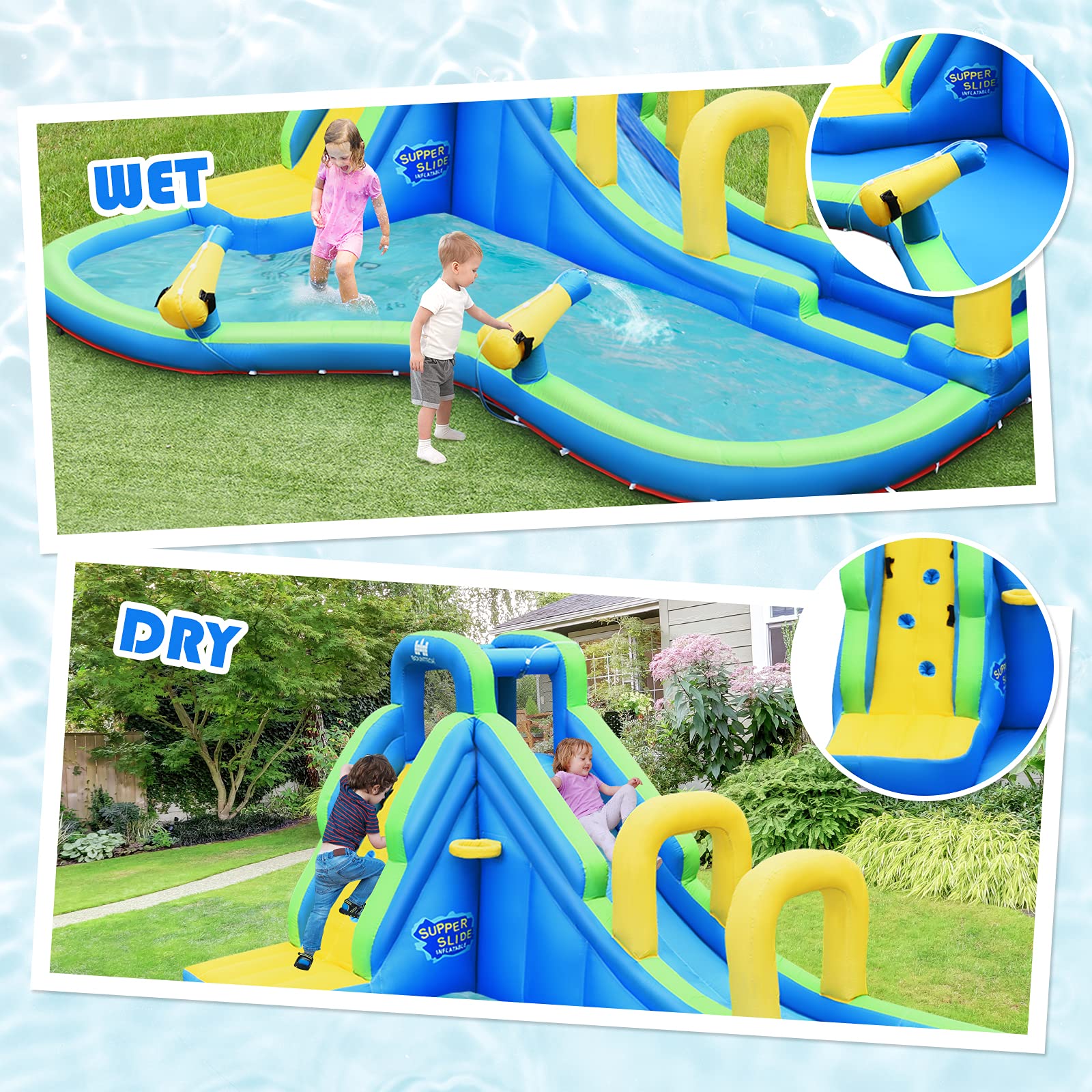 HONEY JOY Inflatable Water Slide, 5 in 1 Water Park Castle Bouncy House w/Water Cannons, Long Slide w/Arch, Indoor Outdoor Blow Up Waterslide Inflatables for Kids and Adults Backyard(Without Blower)