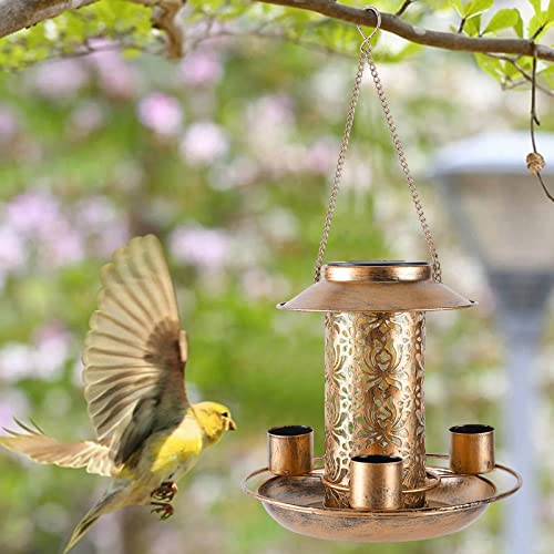 Solar Bird Feeder for Outdoors Hunging, Mousike Solar Metal Waterproof Outside Wild Bird Feeders,Cardinals Hummingbird Feeders, Garden Backyard Decoration,Gifts for Bird Lovers (Bronze 1Pack)…