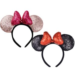 Jieneal Minnie Mouse Ears Set of 2 Sequin Headband Disney world accessories for trip and Hair accessories for Kids or Women(Champagne Rose& Black Red)