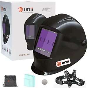 jhtii large viewing welding helmet 3.94"x3.66", true color highest optical 1/1/1/1, 4 arc sensor wide shade 4/5-8/9-13, solar power auto darkening welding helmet for tig mig arc wh03