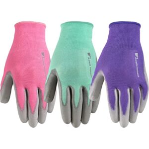 wells lamont 3 pair pack women’s gardening gloves | pu coated grip work gloves| each pack includes pink, green, purple | medium (413mf)