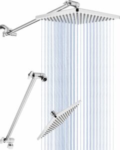 8'' rain shower head with 15'' extension arm- 𝟮 𝗳𝗼𝗿 𝟭 𝗖𝗼𝗺𝗯𝗼 large surface fixed square shower head- extra long adjustable shower head extension arm- singing rain ultimate shower experience